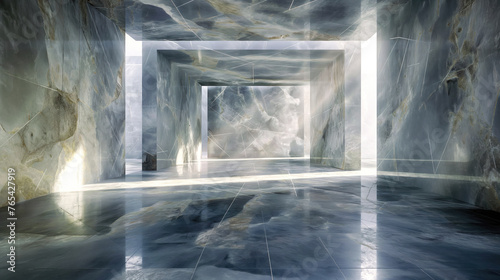 A modern and sleek marble hall illuminated by natural sunlight, with reflections on the polished floor and sharp architectural lines
