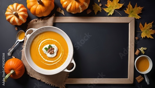 pumpkin soup on the chalkboard. top view photo