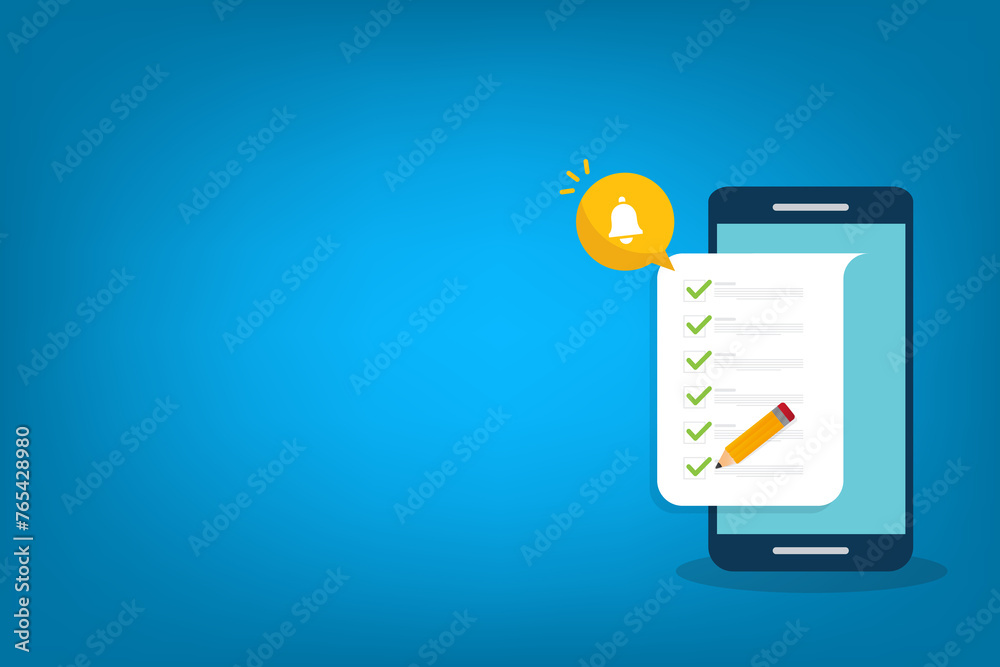 Checklist. Check list document on smartphone, smartphone with paper check list and to do list with checkboxes, concept of survey, online quiz, completed things or done test, feedback.
Checklist. Check list document on smartphone, smartphone with paper check list and to do list with checkboxes, concept of survey, online quiz, completed things or done test, feedback.