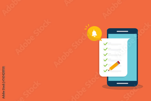 	
Checklist. Check list document on smartphone, smartphone with paper check list and to do list with checkboxes, concept of survey, online quiz, completed things or done test, feedback.	
 photo