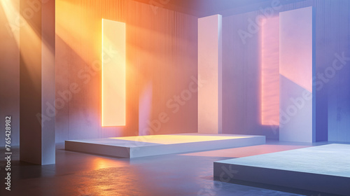 A striking image with a stage and a minimalist interior with concrete vertical slabs  bathed in colorful abstract light  creating a serene and futuristic atmosphere.