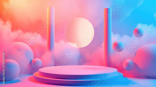 Vibrant and dreamy abstract scene with spheres, circular platform, and dynamic lighting in pink and blue hues
