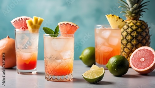 Refreshing summer cocktails with bitters on the table with lime, grapefruit and pineapple