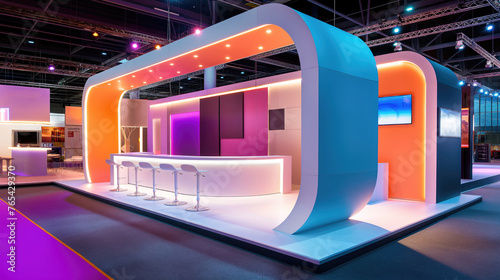 Exhibition stand design with space and interior inside. Modern architecture, site lighting. plants in a pot. Futuristic shapes. Business event, pavilions. Purple, blue, orange.