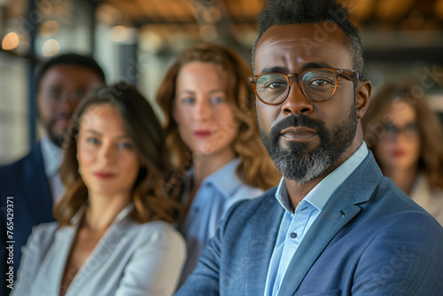 Multiracial diverse business team headed with boss posing to camera.