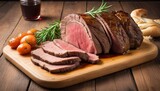 Roast beef on a wooden background