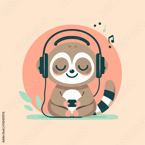 Illustration of funny raccoon cartoon listening music.
