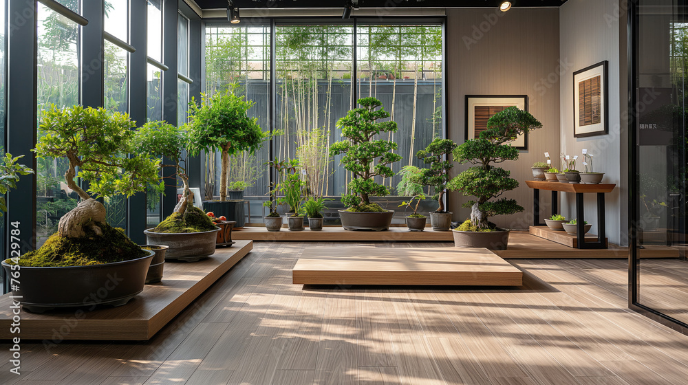 Tranquil bonsai tree. An elegant arrangement of various bonsai trees within a contemporary room with large windows offering natural light and zen ambiance.