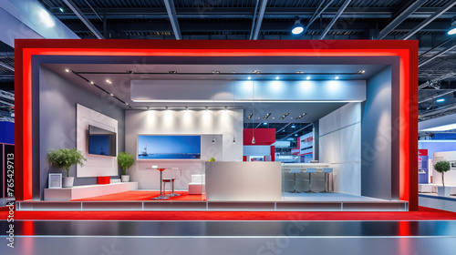 Exhibition stand design with space and interior inside. Modern architecture, site lighting. plants in a pot. Futuristic shapes. Business event, pavilions. Red Blue.