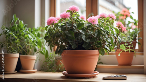 Popular Potted plants in a terracotta pot On the window sill of the house window, balcony,  succulent, begonia, blooming, ficus