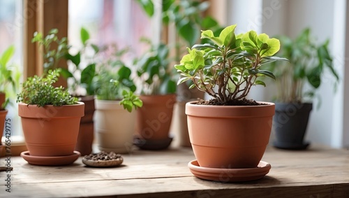 Popular Potted plants in a terracotta pot On the window sill of the house window, balcony, succulent, begonia, blooming, ficus