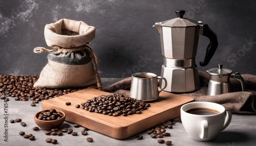 Roasted coffee beans served in textile bag with moka pot and cezves wooden board. Coffee preparation concept