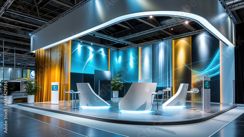 Exhibition stand design with space and interior inside. Modern architecture, site lighting. plants in a pot. Futuristic shapes. Business event, pavilions. Yellow, blue.