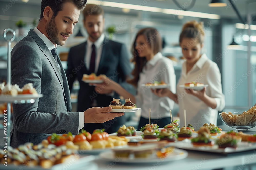 Group of people enjoying brunch buffet canape together at event Group of people enjoying brunch buffet canape together at event
