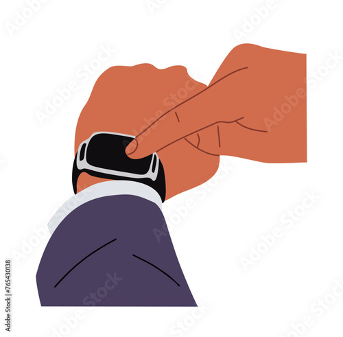 Male hands wearing smart watch on wrist. Modern technology concept. Vector colorful illustration isolated on white background.