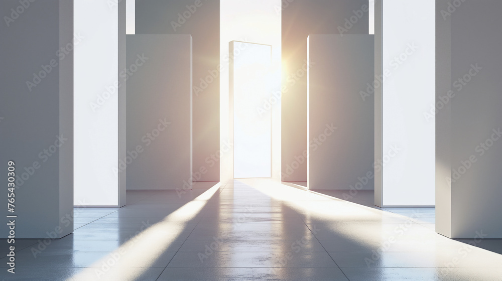 A room with luminous columns for the presentation and placement of advertising, people, products, goods. White space with blue lighting. Futuristic style, vertical screens. Warm and cold. A room with luminous columns for the presentation and placement of advertising, people, products, goods. White space with blue lighting. Futuristic style, vertical screens. Warm and cold.
