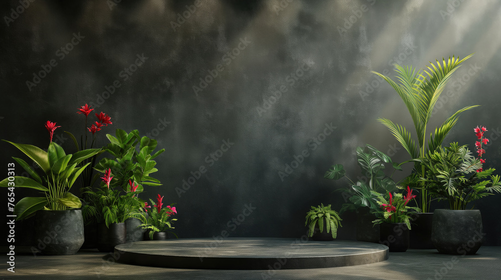Space with a podium against a dark wall. Image for presentation and placement of advertising, people, products, goods. Platform with exotic plants in pots. Granite strict material and texture. Space with a podium against a dark wall. Image for presentation and placement of advertising, people, products, goods. Platform with exotic plants in pots. Granite strict material and texture.