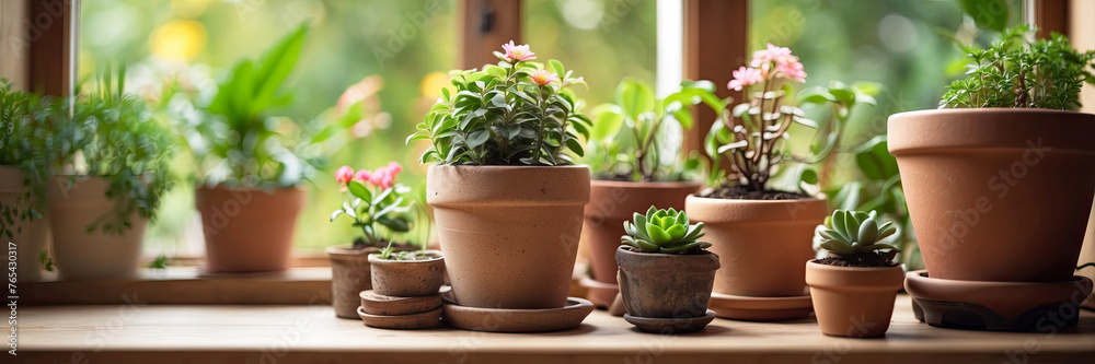 custom made wallpaper toronto digitalPopular Potted plants in a terracotta pot On the window sill of the house window, balcony,  succulent, begonia, blooming, ficus