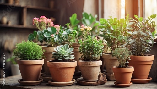 Popular Potted plants in a terracotta pot On the window sill of the house window, balcony, succulent, begonia, blooming, ficus