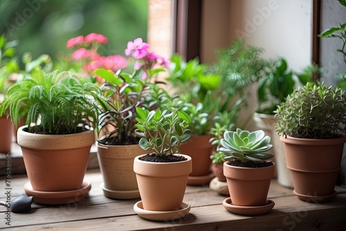 Popular Potted plants in a terracotta pot On the window sill of the house window, balcony, succulent, begonia, blooming, ficus