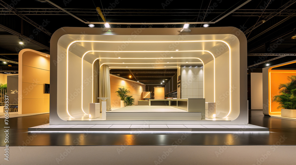 Exhibition stand design with space and interior inside. Modern architecture, site lighting. Futuristic shapes. Business event, pavilions. Yellow Exhibition stand design with space and interior inside. Modern architecture, site lighting. Futuristic shapes. Business event, pavilions. Yellow