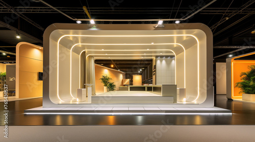 Exhibition stand design with space and interior inside. Modern architecture, site lighting. Futuristic shapes. Business event, pavilions. Yellow