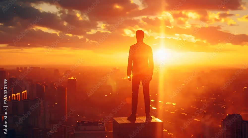 Fototapeta premium Silhouette, Sunset, Cityscape, Skyscrapers, Horizon, Dusk, Rooftop, Standing, Overlooking, Urban, Glow, Twilight