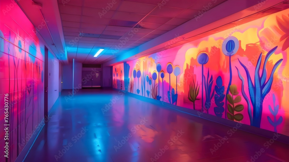 Neon Lights Hallway Mural Artistic Colorful Interior Design Creative Space