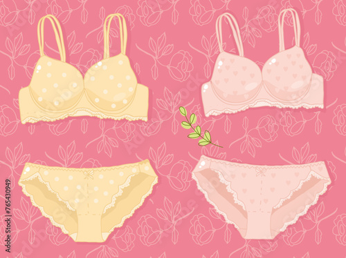 Lingerie. Beige, pink bra and panties on a pink background. Lingerie shop, women's sets, vector illustration.