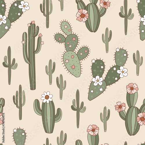 Groovy desert landscape bloomy cactus plant with flowers vector seamless pattern. Hand drawn retro howdy wild west aesthetic background. photo