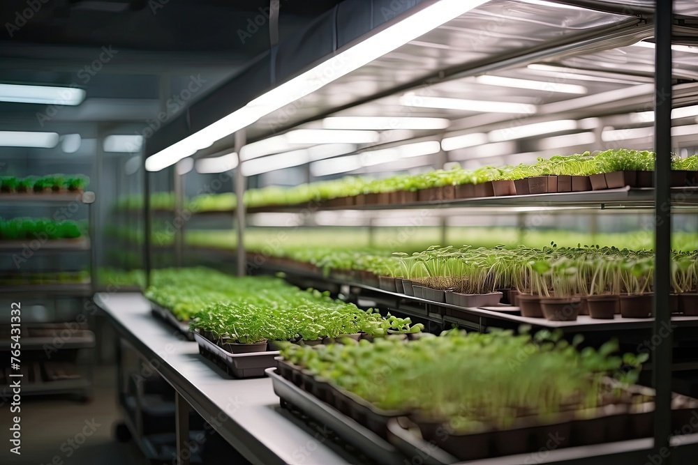 Young green shoots of micro-greenery in the container on an industrial scale, on racks with phytolamps, the production and cultivation of superfoods for sale,