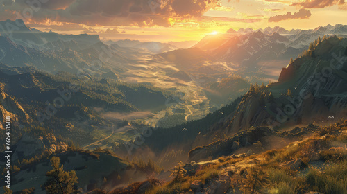 Stunning image capturing the golden sunset illuminating the valleys and peaks of a mountain landscape