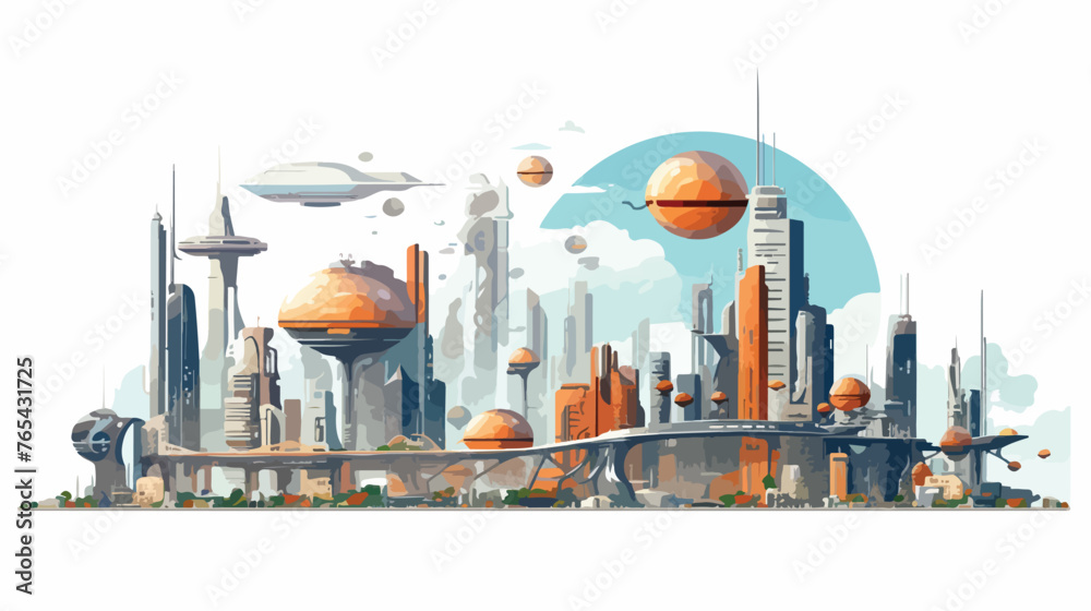 A futuristic cityscape with towering buildings 