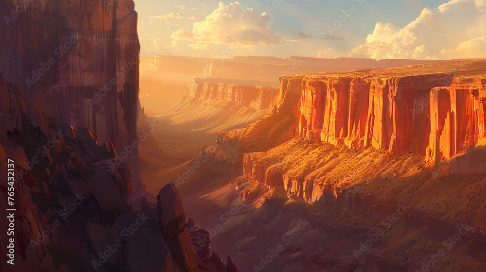 An enchanting digital artwork showcasing a fantastical canyon bathed in the golden light of a setting sun