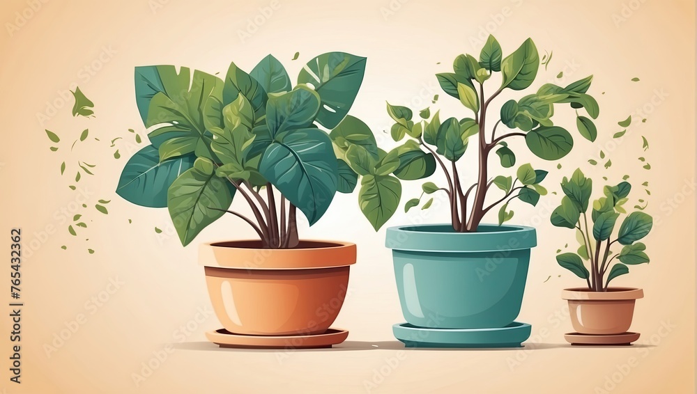 Popular Potted plants illustration on solid background, in pots - philodendron, ficus, alokasia