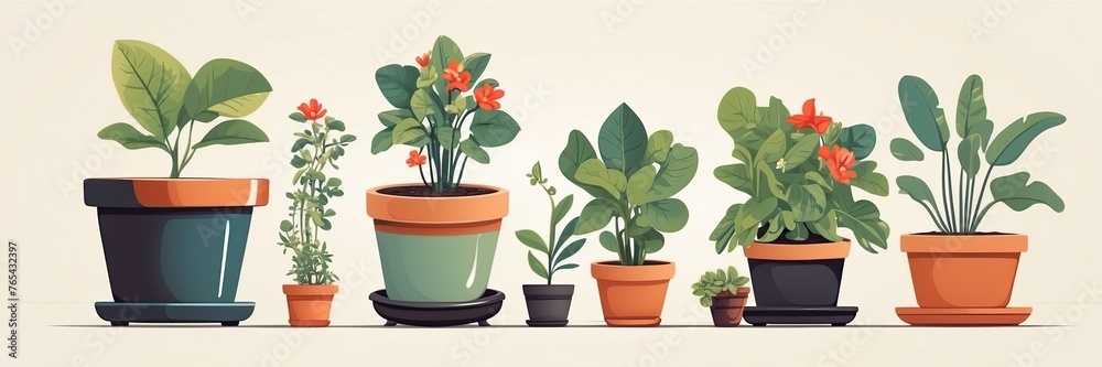 Popular Potted plants illustration on solid background, in pots - philodendron, ficus, alokasia Popular Potted plants illustration on solid background, in pots - philodendron, ficus, alokasia