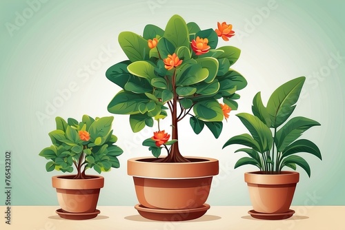 Popular Potted plants illustration on solid background, in pots - philodendron, ficus, alokasia photo