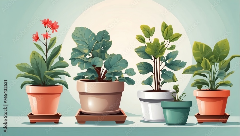Fototapeta premium Popular Potted plants illustration on solid background, in pots - philodendron, ficus, alokasia