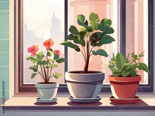 Popular Potted plants illustration On the window sill of the house window, in pots - philodendron, ficus, Monstera.  © Ольга Симонова