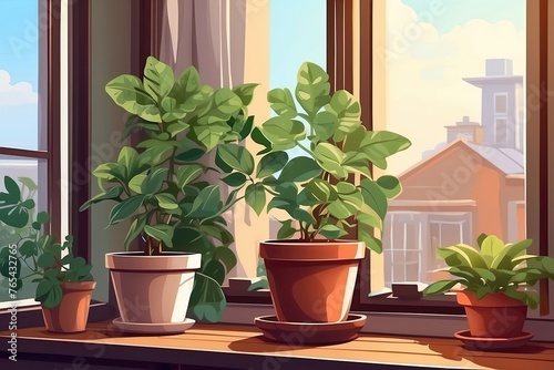 Popular Potted plants illustration On the window sill of the house window  in pots - philodendron  ficus  Monstera. 