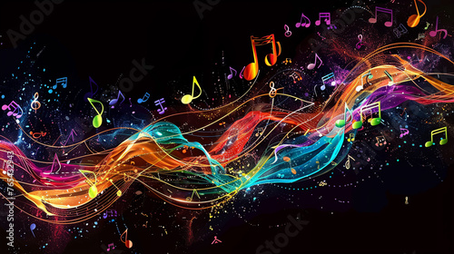 An abstract background depicts a flowing wave of colorful music notes. © Wararat