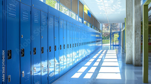 Blue lockers stretch along the extensive school corridor.