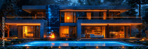 The Smart Home Isolated on a Background - Modern Smart Home Concept, Modern architecture reflects in the illuminated swimming pool at dusk