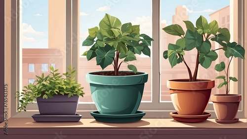 Popular Potted plants illustration On the window sill of the house window, in pots - philodendron, ficus, Monstera. 