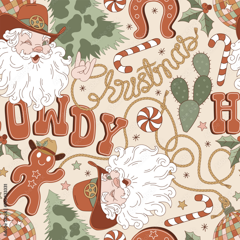 Fototapeta premium Groovy Howdy Christmas rodeo disco Santa Claus gingerbread in cowboy hat vector seamless pattern. Hand drawn retro Xmas December 31 holiday season wild west aesthetic background. Perfect for gifts
