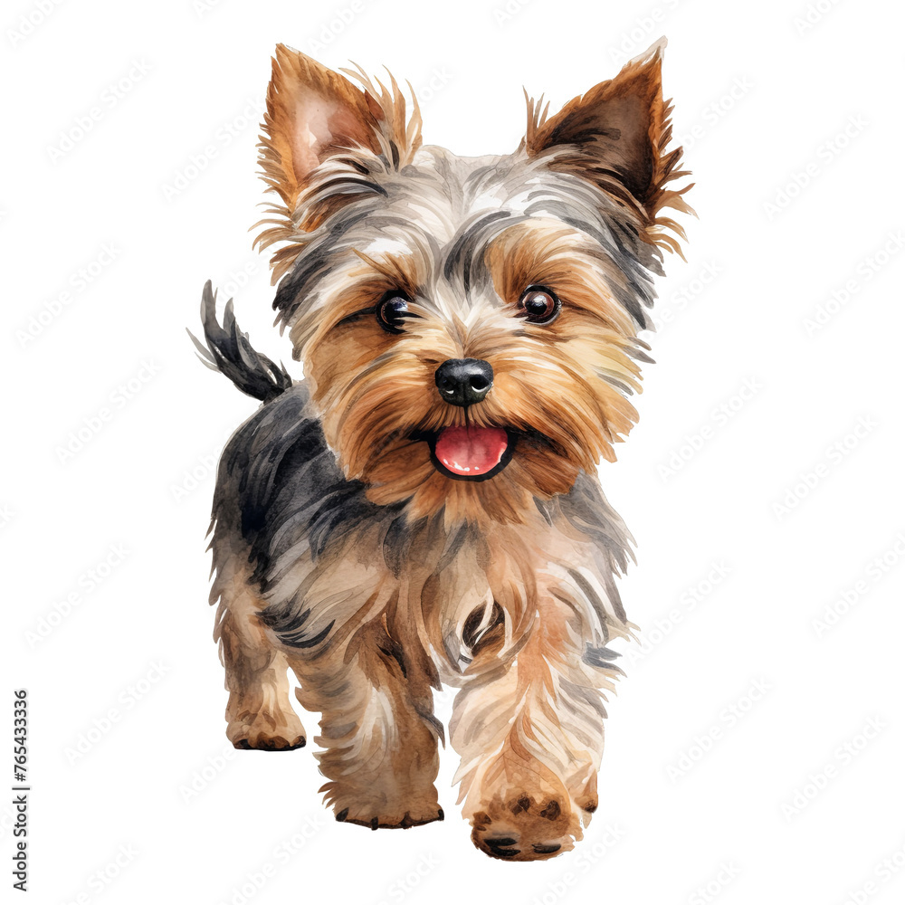 A walking Yorkshire Terrier dog watercolor clipart illustration on transparent background