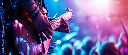 Close up of male hands playing on electric guitar on concert stage. Musician performance. Rock, metal, grunge style.  Blurred background. Banner, flyer illustration. Generative ai photo
