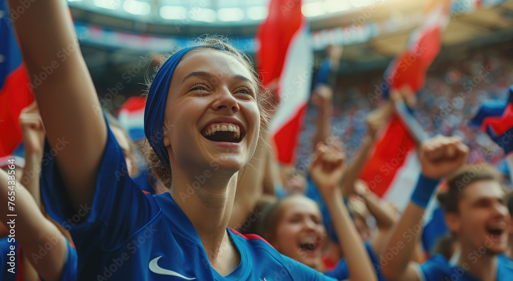 A young woman fan wearing a blue French team t-shirt cheering with her friends at the stadium