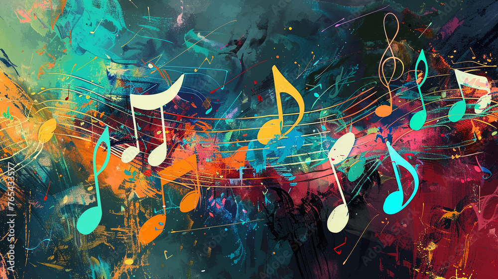 Fototapeta premium Colorful music notes dance across the abstract background