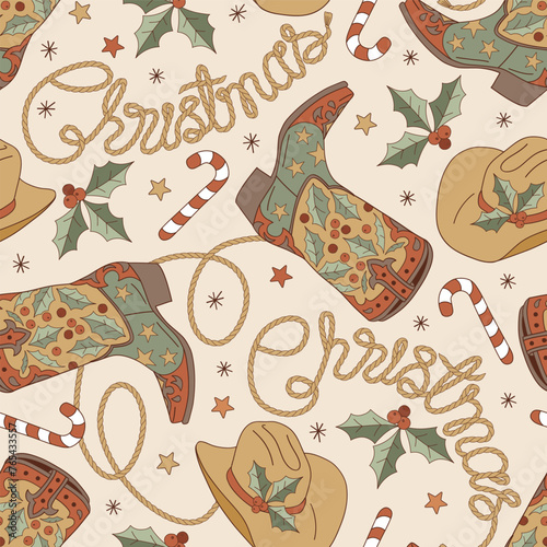 Groovy Howdy Christmas cowboy accessories hat boots ornated with holly berry plant vector seamless pattern. Hand drawn retro Xmas December 31 holiday season wild west aesthetic background. Perfect for